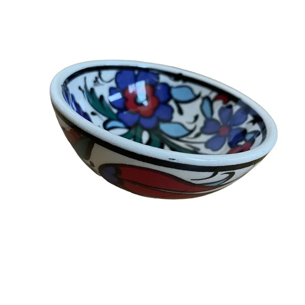 Handmade turkish bowl hand painted blue and‎ red floral design delicate
